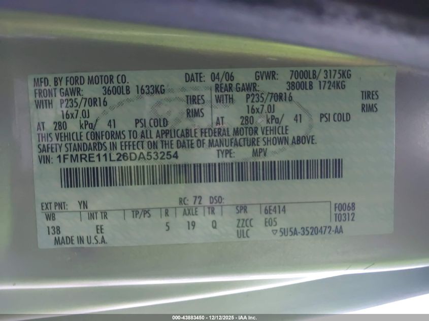 2006 Ford Econoline E150 Wagon VIN: 1FMRE11L26DA53254 Lot: 43883450