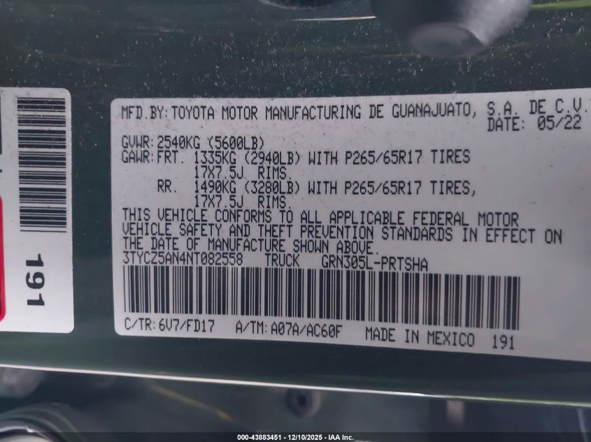 2022 Toyota Tacoma Trd Sport VIN: 3TYCZ5AN4NT082558 Lot: 43883451