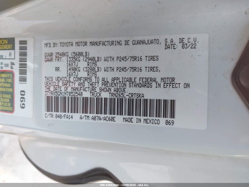 2022 Toyota Tacoma Sr VIN: 3TYRX5GN1NT052540 Lot: 43883454