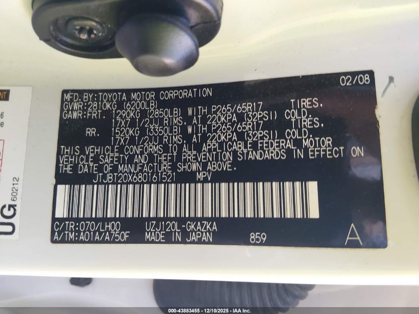 2008 Lexus Gx 470 VIN: JTJBT20X680161521 Lot: 43883455