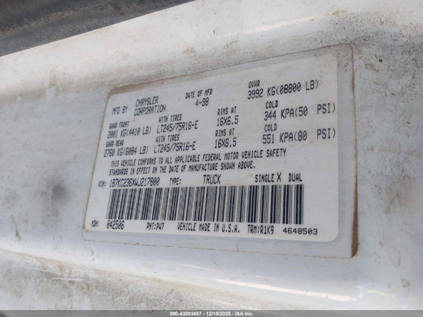 1998 Dodge Ram 2500 St VIN: 1B7KC236XWJ217800 Lot: 43883457