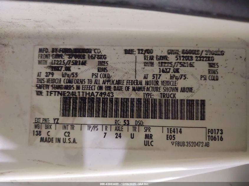 2001 Ford E-250 Commercial/Recreational VIN: 1FTNE24L11HA74943 Lot: 43883459