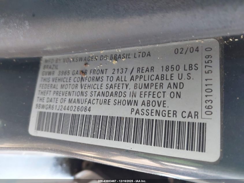 2004 Volkswagen Golf Gls Tdi VIN: 9BWGR61J244026084 Lot: 43883467