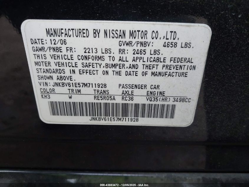 2007 Infiniti G35 Journey VIN: JNKBV61E57M711928 Lot: 43883472