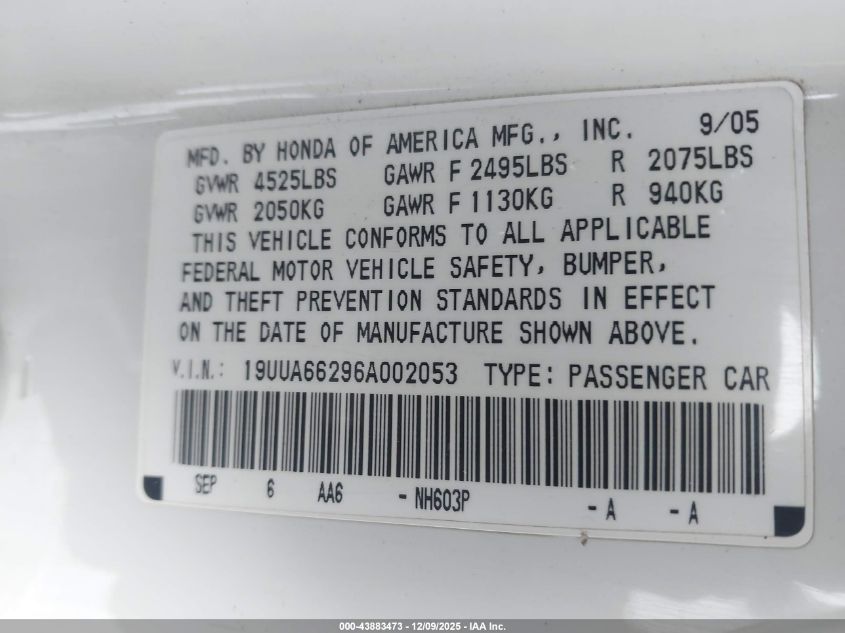 2006 Acura Tl VIN: 19UUA66296A002053 Lot: 43883473