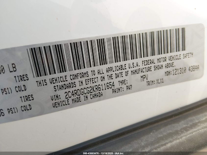 2019 Dodge Grand Caravan Sxt VIN: 2C4RDGCG2KR611654 Lot: 43883476