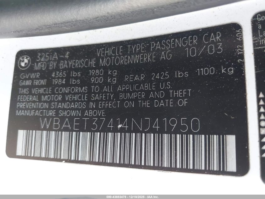 2004 BMW 325I VIN: WBAET37414NJ41950 Lot: 43883478
