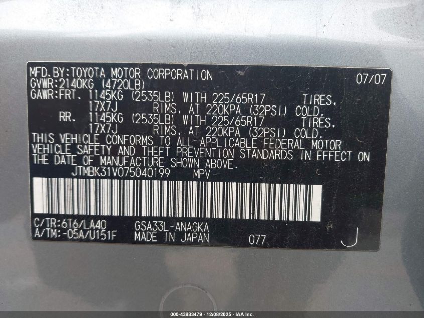 2007 Toyota Rav4 Limited V6 VIN: JTMBK31V075040199 Lot: 43883479