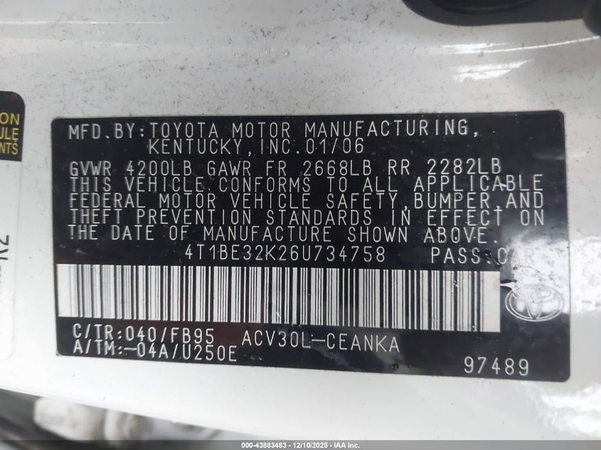 2006 Toyota Camry Le VIN: 4T1BE32K26U734758 Lot: 43883483