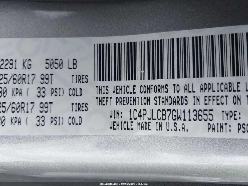 2016 Jeep Cherokee Latitude VIN: 1C4PJLCB7GW113655 Lot: 43883485