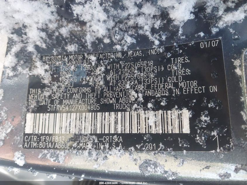 2007 Toyota Tundra Sr5 V8 VIN: 5TFRV54127X004805 Lot: 43883486
