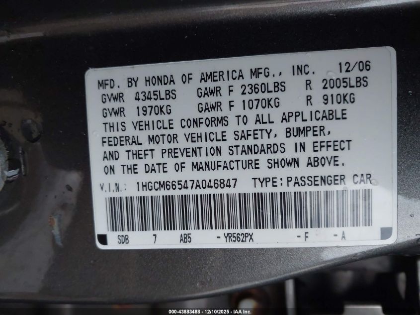 2007 Honda Accord 3.0 Ex VIN: 1HGCM66547A046847 Lot: 43883488