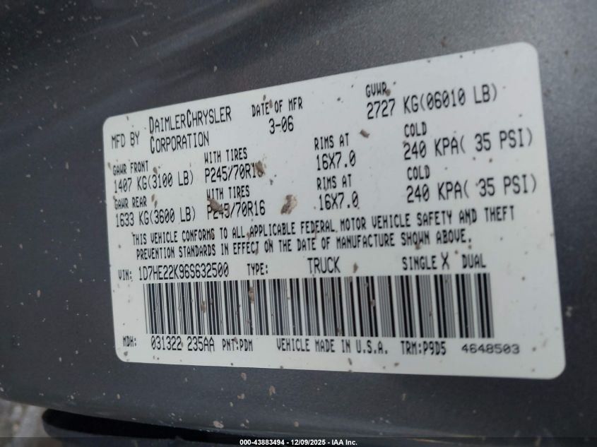 2006 Dodge Dakota St VIN: 1D7HE22K96S632500 Lot: 43883494