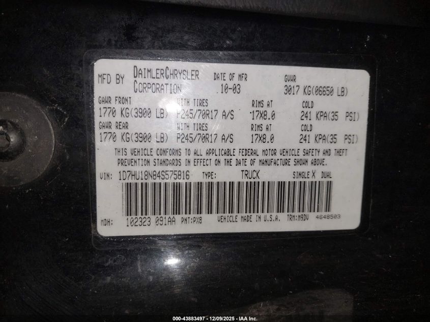 2004 Dodge Ram 1500 Slt/Laramie VIN: 1D7HU18N84S575816 Lot: 43883497