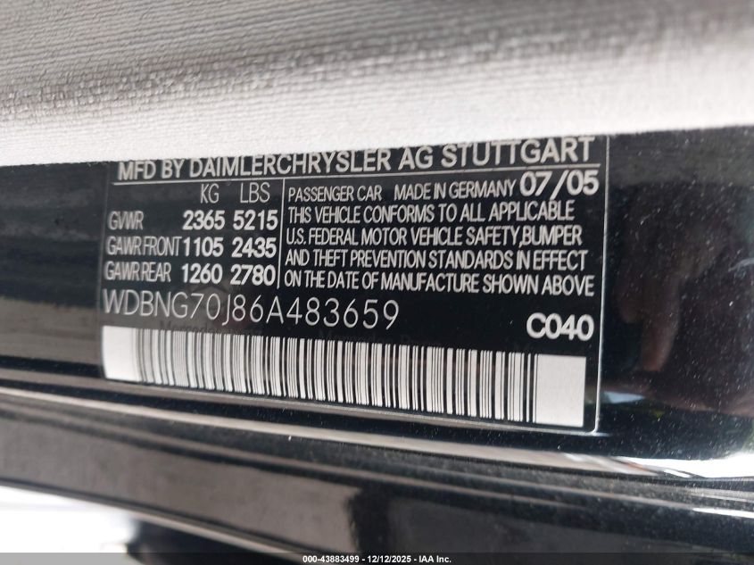 2006 Mercedes-Benz S 430 VIN: WDBNG70J86A483659 Lot: 43883499