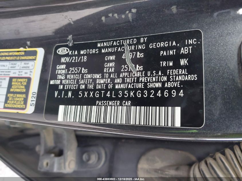 2019 Kia Optima Lx VIN: 5XXGT4L35KG324694 Lot: 43883503