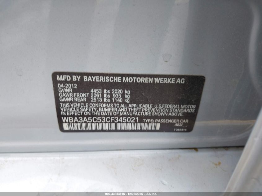 2012 BMW 328I VIN: WBA3A5C53CF345021 Lot: 43883516