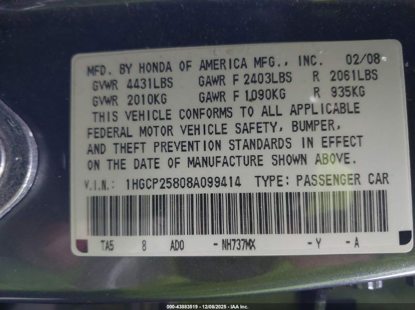 2008 Honda Accord Sdn 2.4 Ex-L/Ex-L VIN: 1HGCP25808A099414 Lot: 43883519