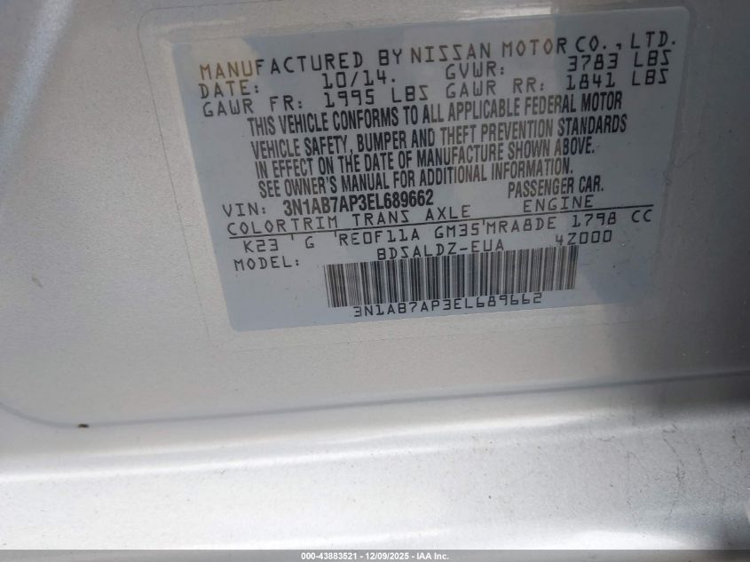 2014 Nissan Sentra Sv VIN: 3N1AB7AP3EL689662 Lot: 43883521