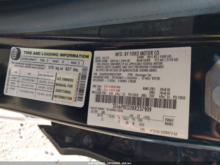 2019 Ford Fusion Sel VIN: 3FA6P0CD2KR237909 Lot: 43883525