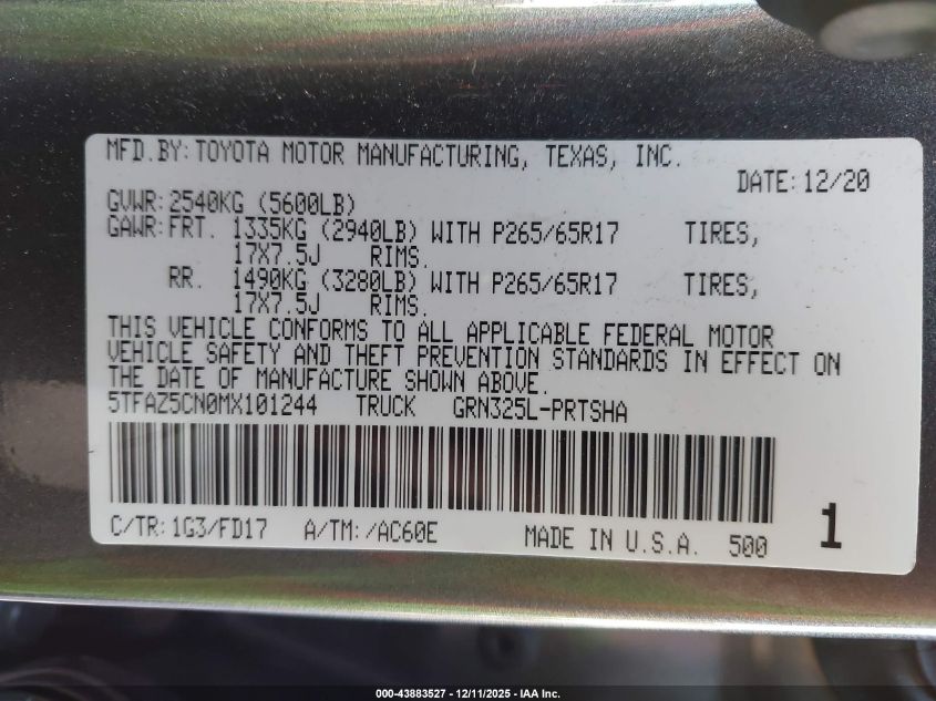 2021 Toyota Tacoma Trd Sport VIN: 5TFAZ5CN0MX101244 Lot: 43883527