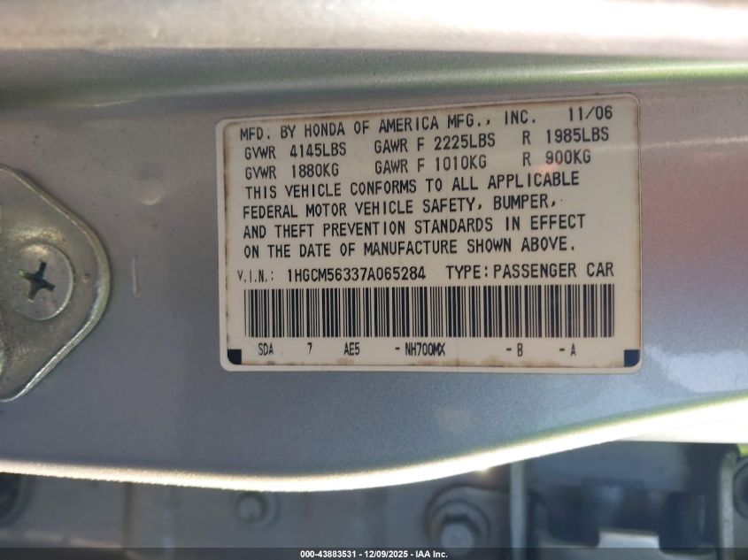 2007 Honda Accord 2.4 Se VIN: 1HGCM56337A065284 Lot: 43883531