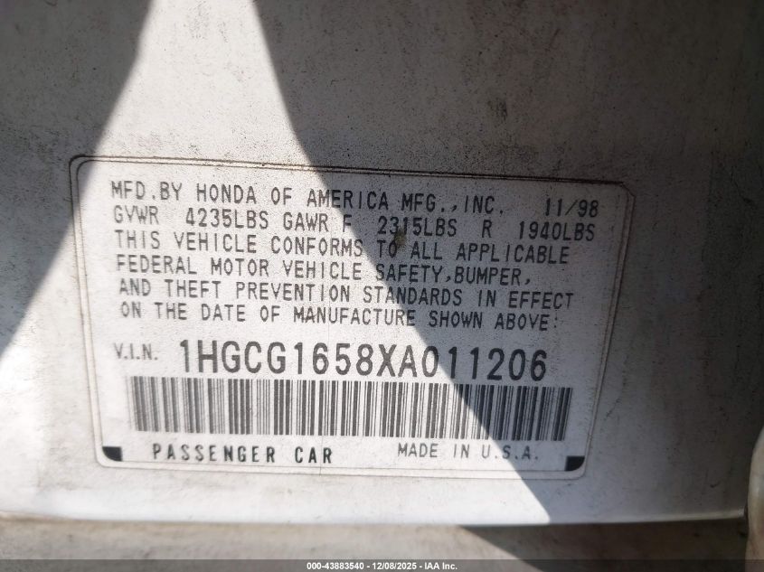1999 Honda Accord Ex V6 VIN: 1HGCG1658XA011206 Lot: 43883540