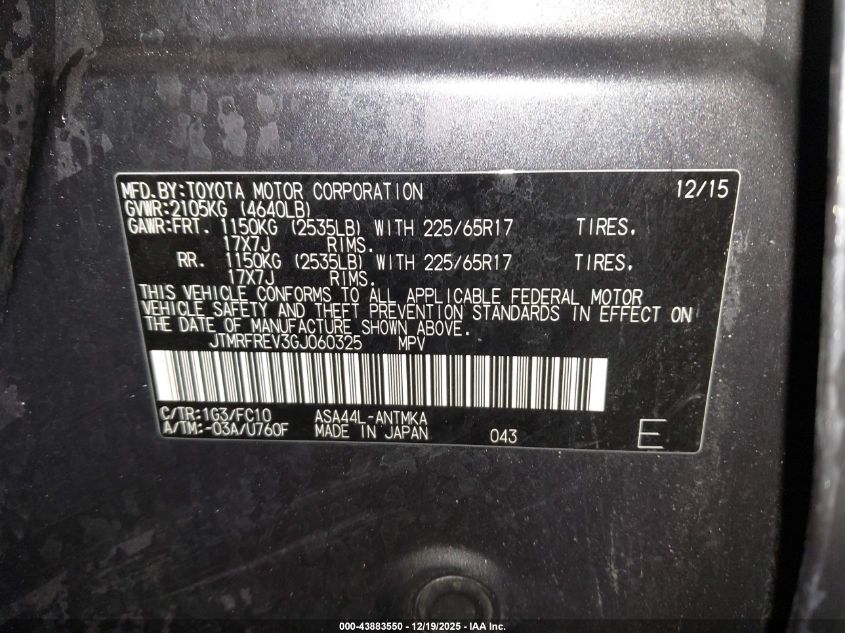 2016 Toyota Rav4 Xle VIN: JTMRFREV3GJ060325 Lot: 43883550