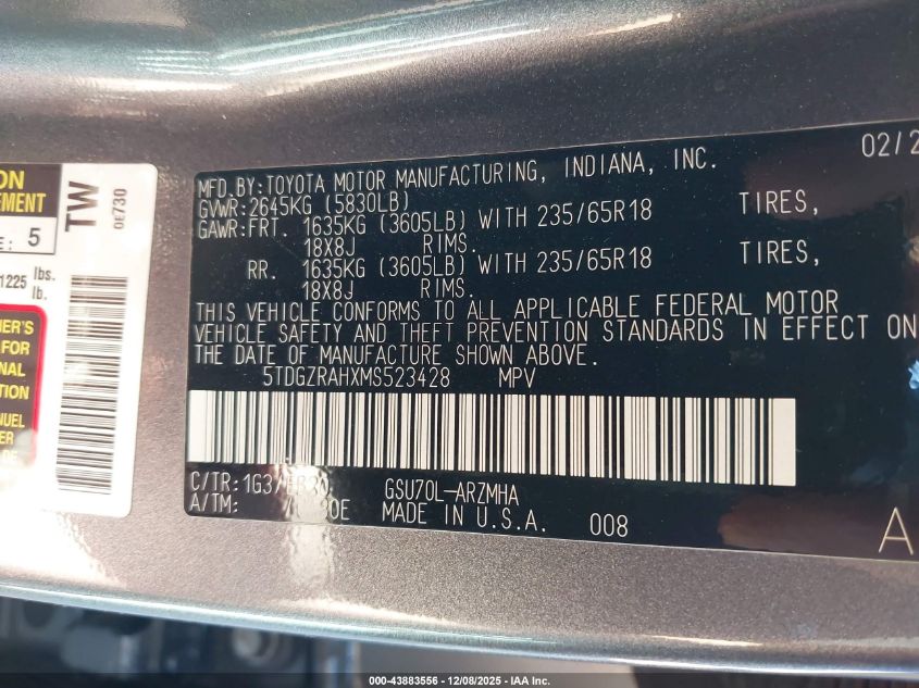 2021 Toyota Highlander Xle VIN: 5TDGZRAHXMS523428 Lot: 43883556