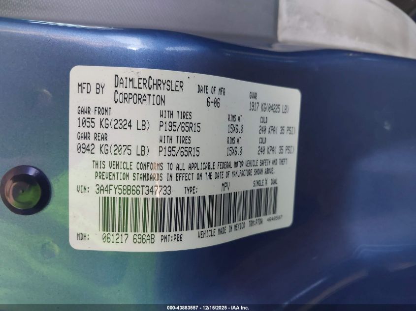 2006 Chrysler Pt Cruiser Touring VIN: 3A4FY58B66T347733 Lot: 43883557