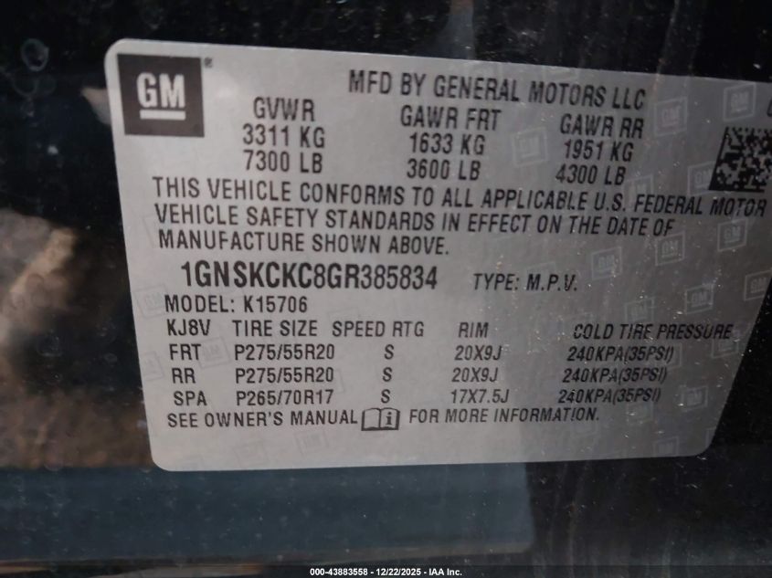 2016 Chevrolet Tahoe Ltz VIN: 1GNSKCKC8GR385834 Lot: 43883558