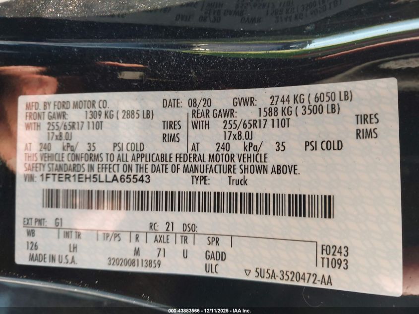 2020 Ford Ranger Xlt VIN: 1FTER1EH5LLA65543 Lot: 43883566