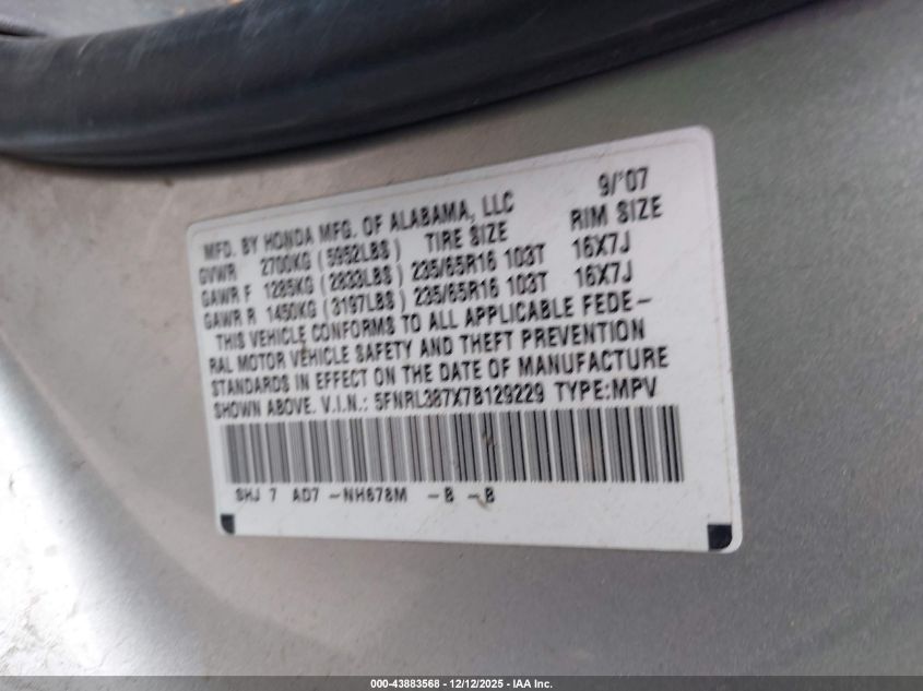 2007 Honda Odyssey Ex-L VIN: 5FNRL387X7B129229 Lot: 43883568