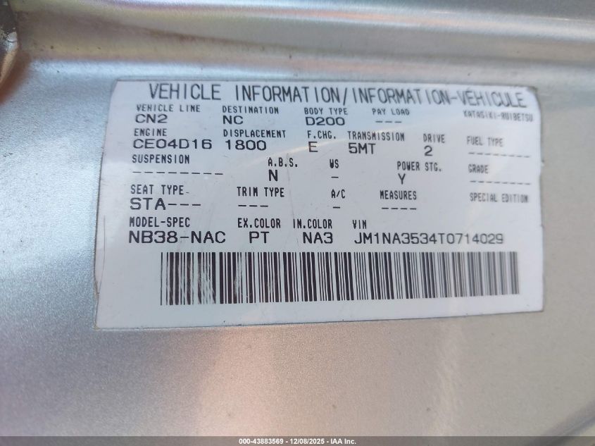 1996 Mazda Mx-5 Miata VIN: JM1NA3534T0714029 Lot: 43883569