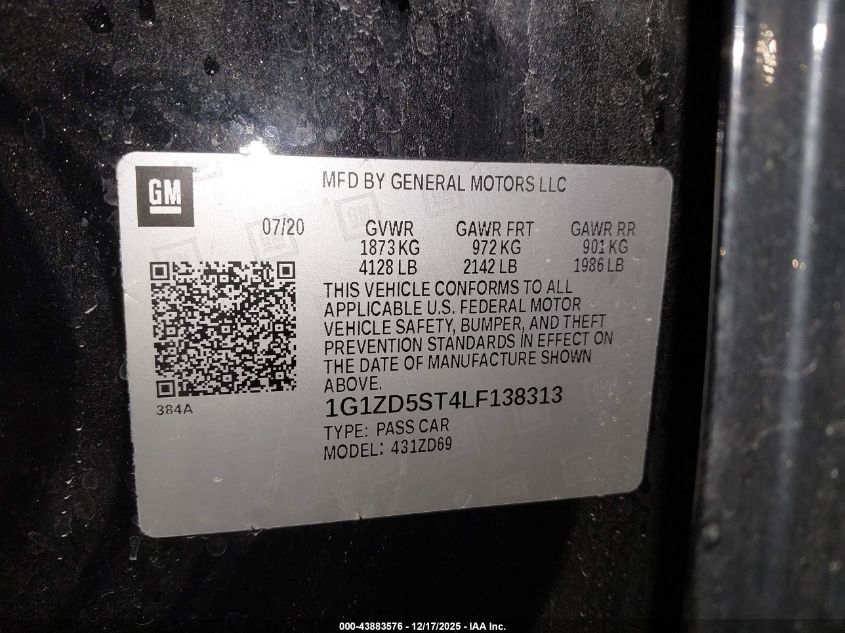2020 Chevrolet Malibu Fwd Lt VIN: 1G1ZD5ST4LF138313 Lot: 43883576