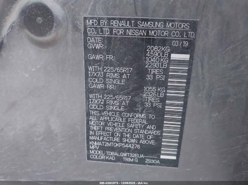 2019 Nissan Rogue Sv VIN: KNMAT2MT0KP544276 Lot: 43883578