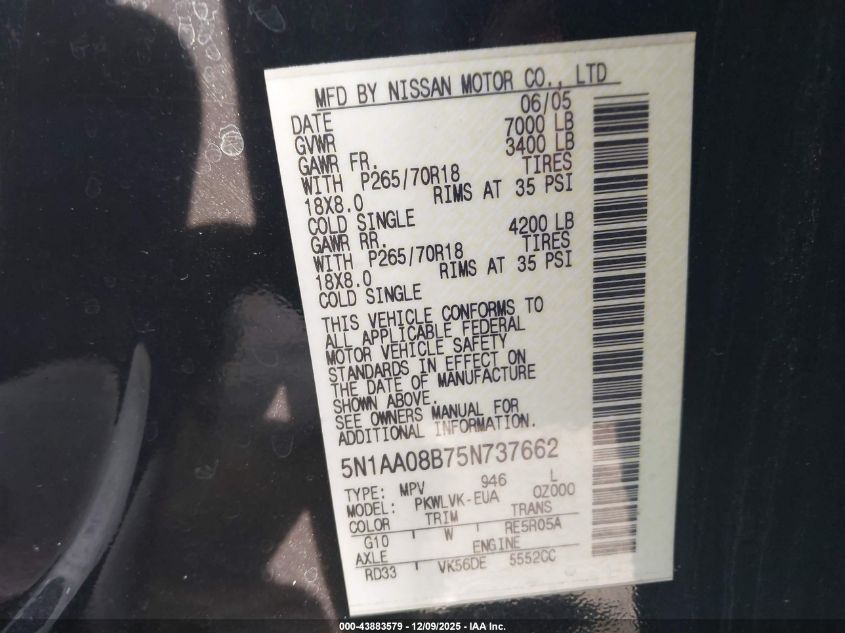 2005 Nissan Armada Le VIN: 5N1AA08B75N737662 Lot: 43883579