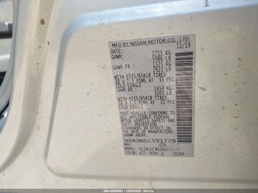 2020 Nissan Pathfinder Sv 2Wd VIN: 5N1DR2BN2LC591779 Lot: 43883581