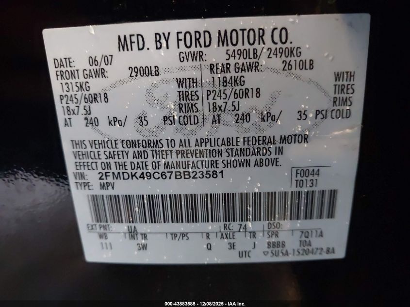 2007 Ford Edge Sel Plus VIN: 2FMDK49C67BB23581 Lot: 43883585