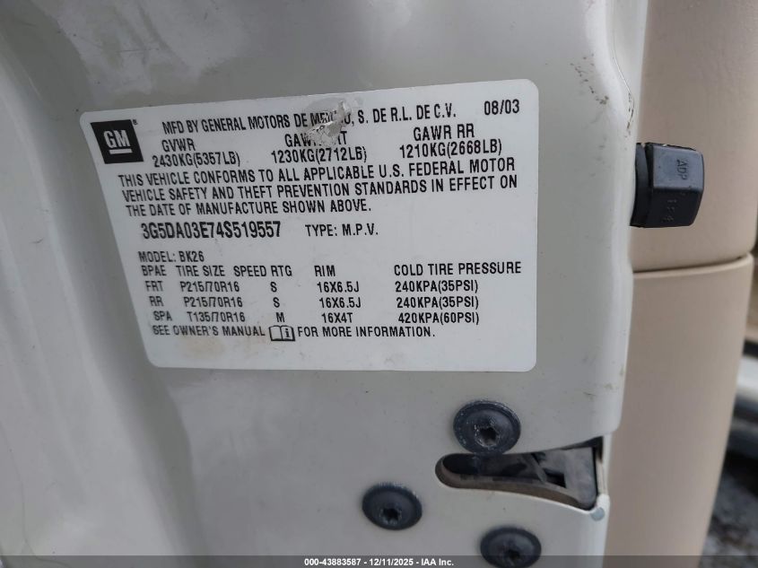 2004 Buick Rendezvous Cx VIN: 3G5DA03E74S519557 Lot: 43883587