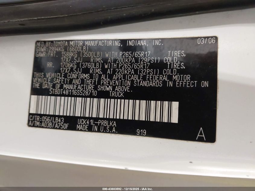 2006 Toyota Tundra Limited V8 VIN: 5TBDT48116S528710 Lot: 43883592