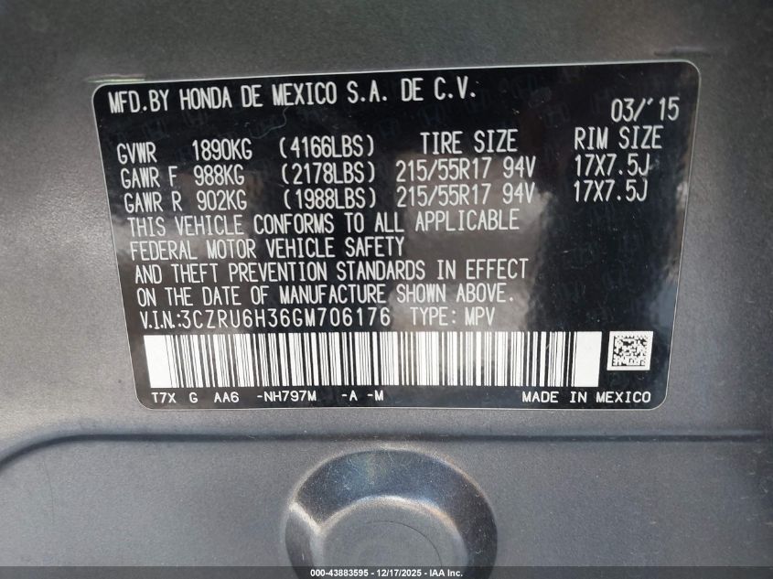 2016 Honda Hr-V Lx VIN: 3CZRU6H36GM706176 Lot: 43883595