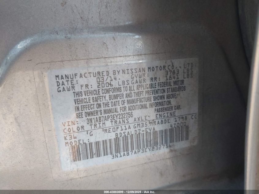 2014 Nissan Sentra Sv VIN: 3N1AB7AP3EY232756 Lot: 43883599