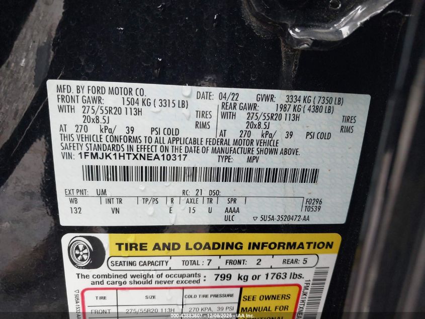 2022 Ford Expedition Max Xlt VIN: 1FMJK1HTXNEA10317 Lot: 43883607