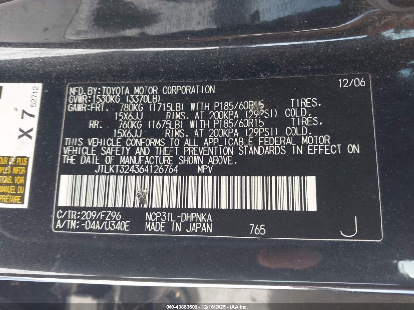 2006 Scion Xb VIN: JTLKT324364126764 Lot: 43883608