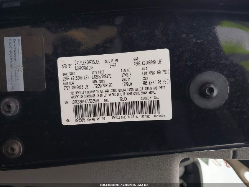 2007 Dodge Ram 2500 Slt/Trx4 Off Road/Sport/Power Wagon VIN: 1D7KS28A47J582576 Lot: 43883628