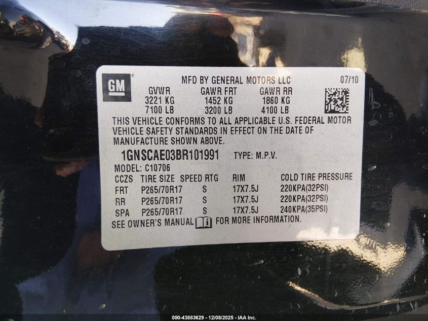 2011 Chevrolet Tahoe Ls VIN: 1GNSCAE03BR101991 Lot: 43883629