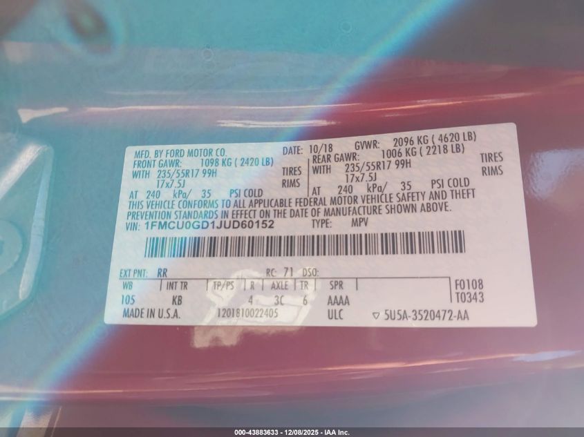 2018 Ford Escape Se VIN: 1FMCU0GD1JUD60152 Lot: 43883633