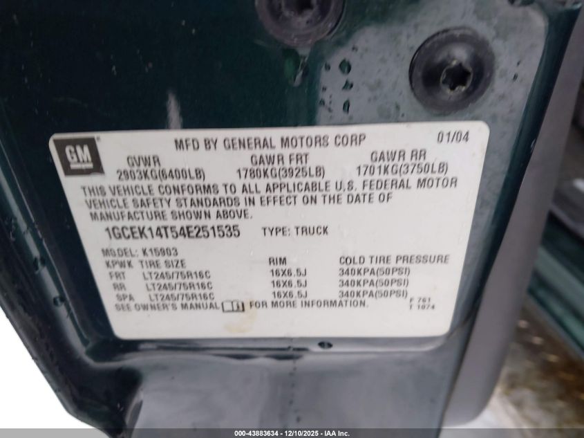 2004 Chevrolet Silverado 1500 Work Truck VIN: 1GCEK14T54E251535 Lot: 43883634