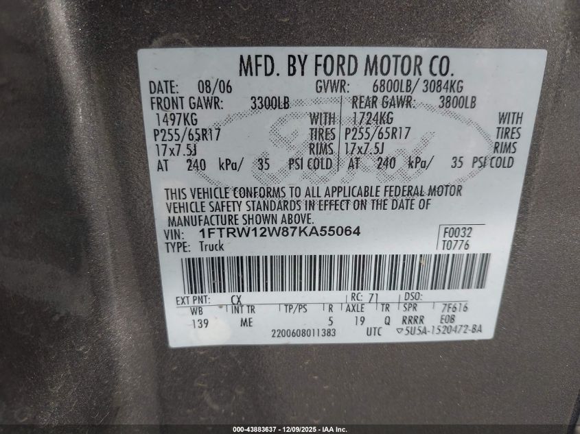 2007 Ford F-150 Xlt VIN: 1FTRW12W87KA55064 Lot: 43883637